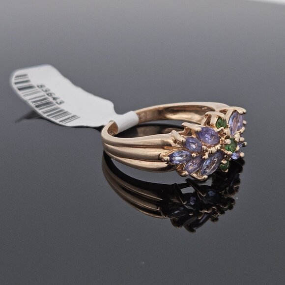 14K Yellow Gold Tanzanite & Emerald Flower Motif Cluster Gemstone Ring Size 8 - Picture 15 of 16